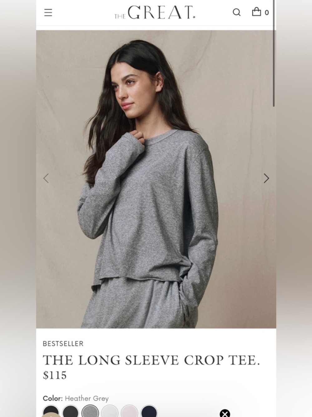 THE GREAT. Gray Long Sleeve Crop Tee
